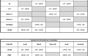 Planning des entraînements des vacances de la Toussaint