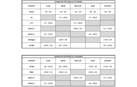 Planning des entraînements des vacances de la Toussaint